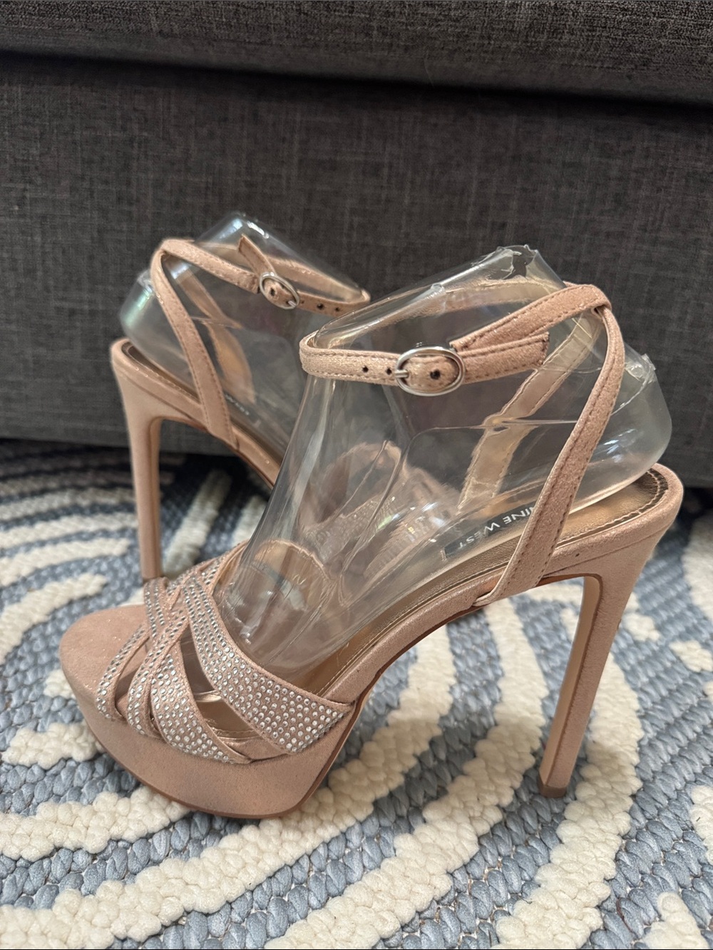 Nine West Rhinestone Strappy Platform Heels Blush Champagne Sparkle Sandals